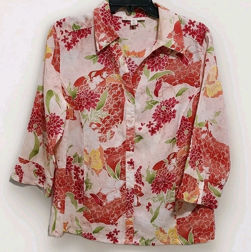 Vtg JM Collection Women's 14P 100% Linen Pink Floral Button Up Blouse 3/4 Sleeve